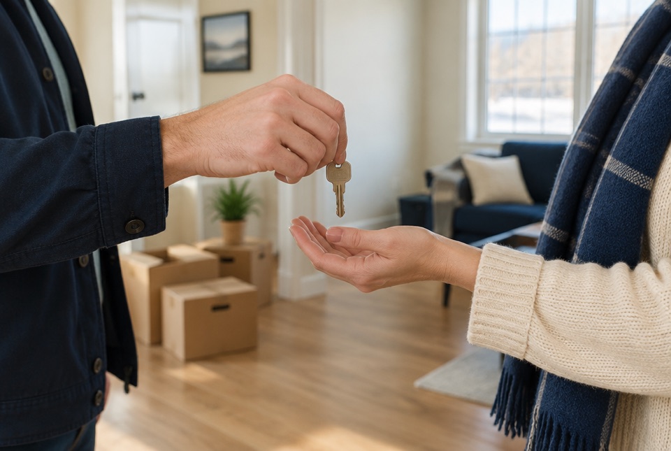Illustration of a house key handover